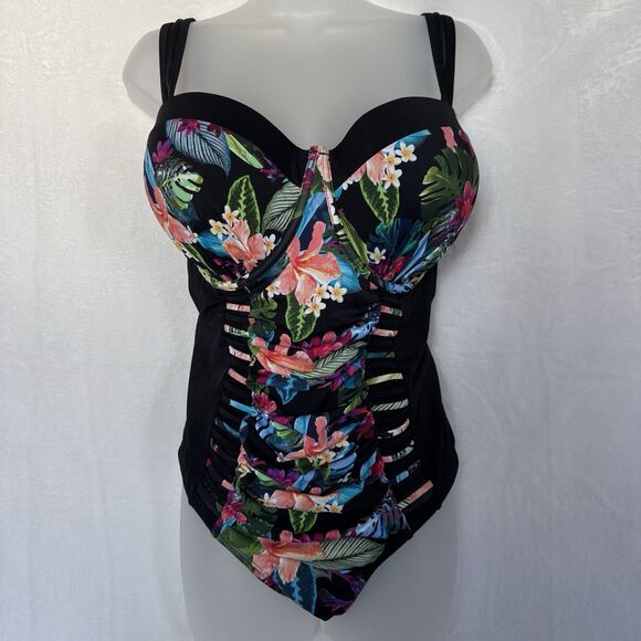 Swimsuits For All One Piece Black Floral Adjustable Underwire Ruched Cutout - Picture 3 of 11